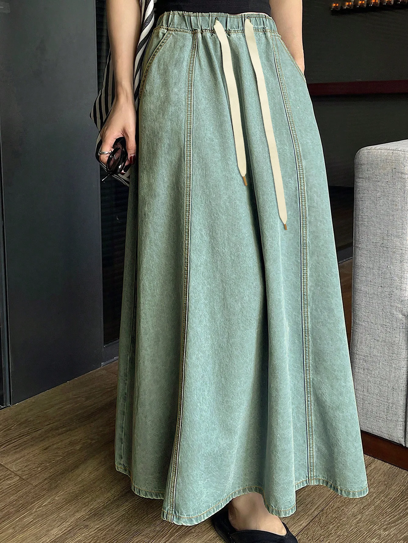 

Women Elastic Waist Drawstring Loose Denim Skirt Spring Summer Casual Half Skirt All-match Female Daily Streetwear