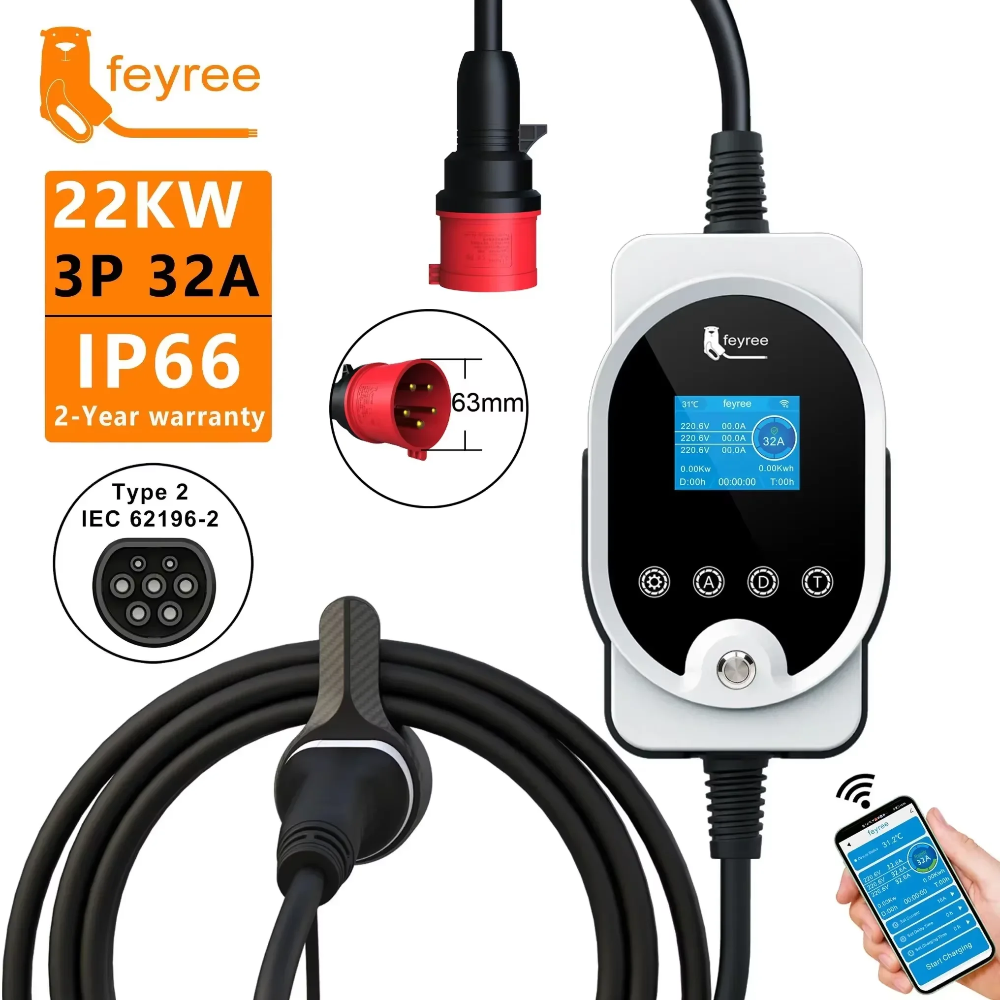 Feyree 22KW EV Tragbares Ladegerät Typ2 Kabel 32A 3-Phasen EVSE Wallbox Wi-Fi APP Smart Schnellladestation für Elektrofahrzeuge