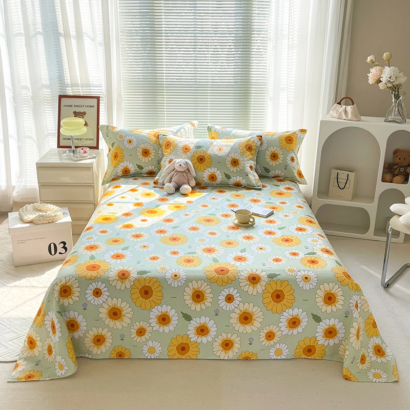 Daisy Set seprai katun ukuran Ratu kamar anak-anak Set seprai bunga botani sprei dan sarung bantal lembaran datar untuk dekorasi kamar tidur