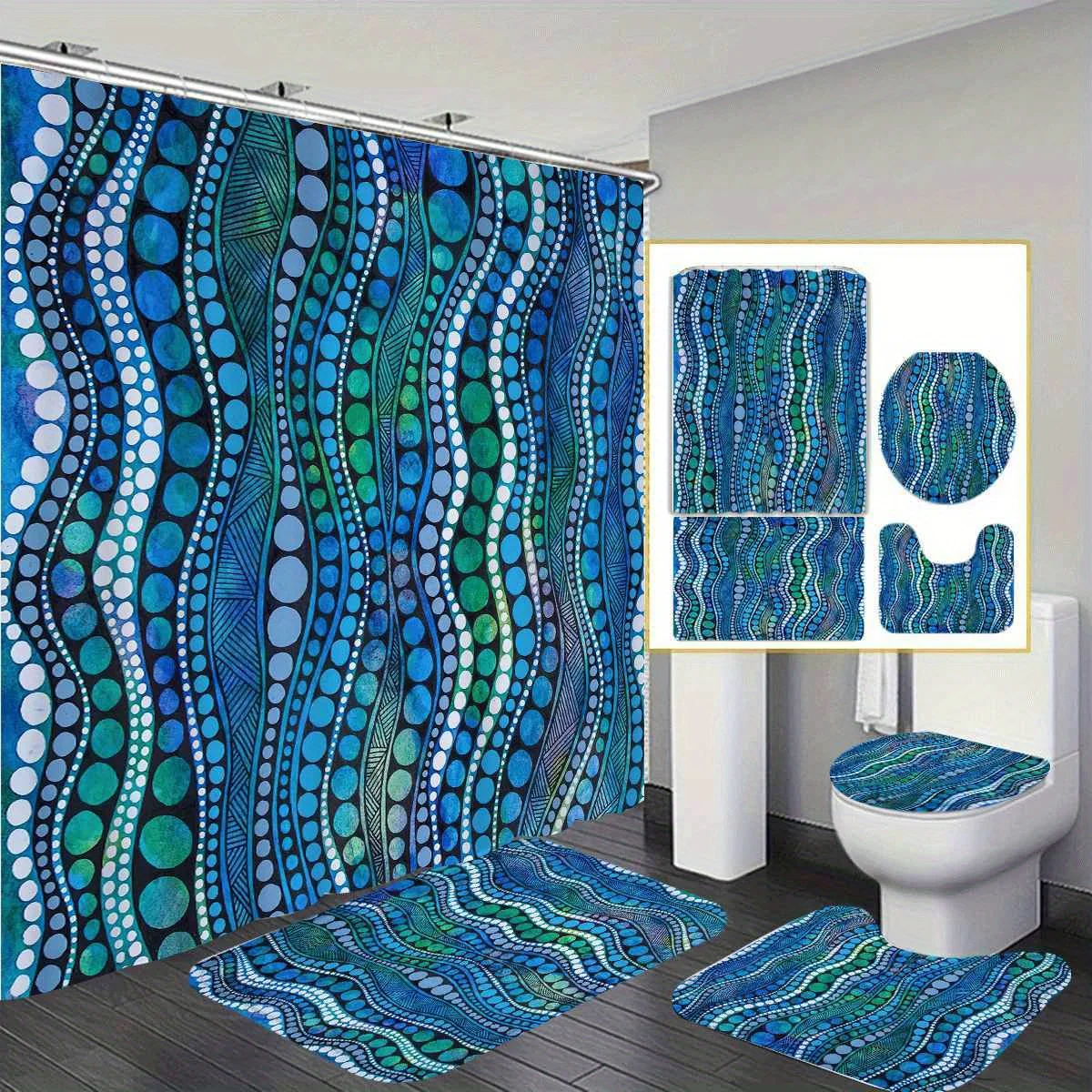 

Blue Ocean Print Patterned Polyester, Includes 1/4 Set, Non-Slip Bath Mat, U-Shaped Toilet Seat and 12 Hooks - Great for Holiday