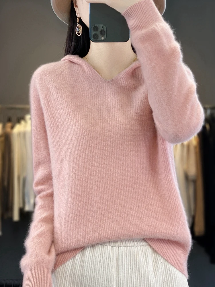 Autumn Winter Casual Pullover Hooded Sweater For Women 100% Merino Wool Cashmere Knitwear Female Clothing Aliselect Fashion Tops