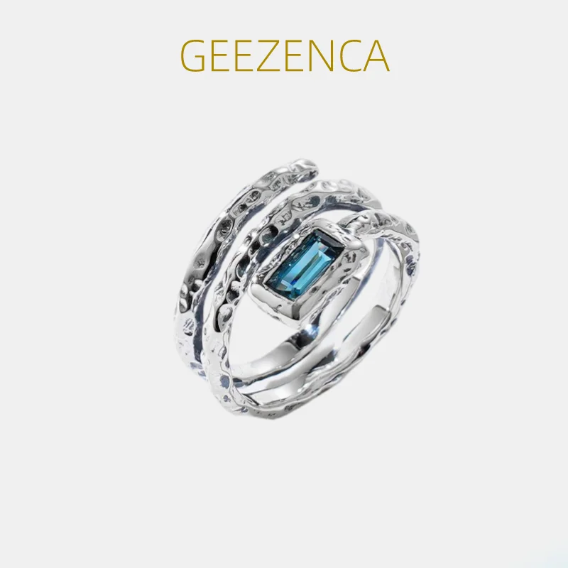 

GEEZENCA Blue Topaz 925 Sterling Silver Irregular Geometric Rings For Women Designer Chic Luxury Cocktail Ring 2023 New Gift