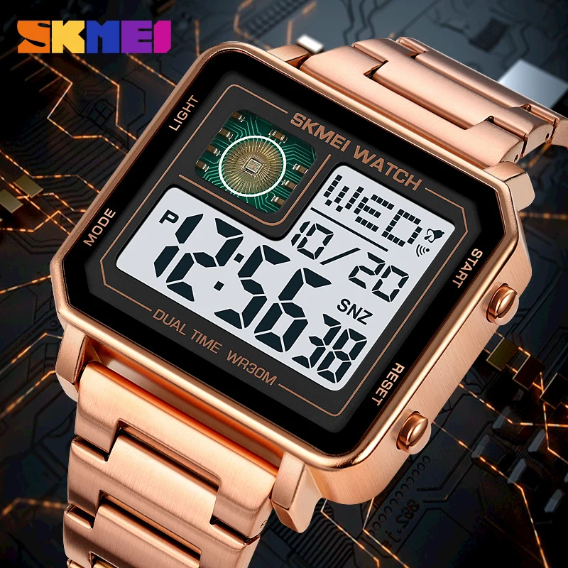 SKMEI 2033 Stainless Steel Digital Watch Waterproof LED Luminous Leisure Square Clock Rectangle Men\'s Watches 1392 2052 1816