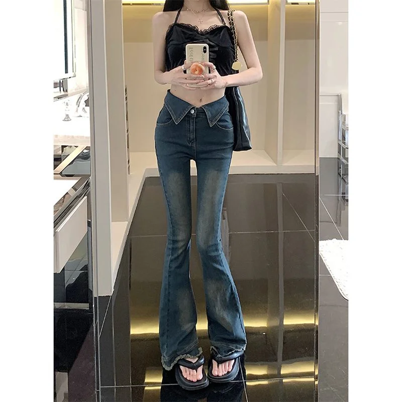 

Women's Flanging Design Micro Flared Skinny Blue Jeans Cool Girl Denim Trousers Fashion Bottoms Female Wide Leg Bell-bottom Pant