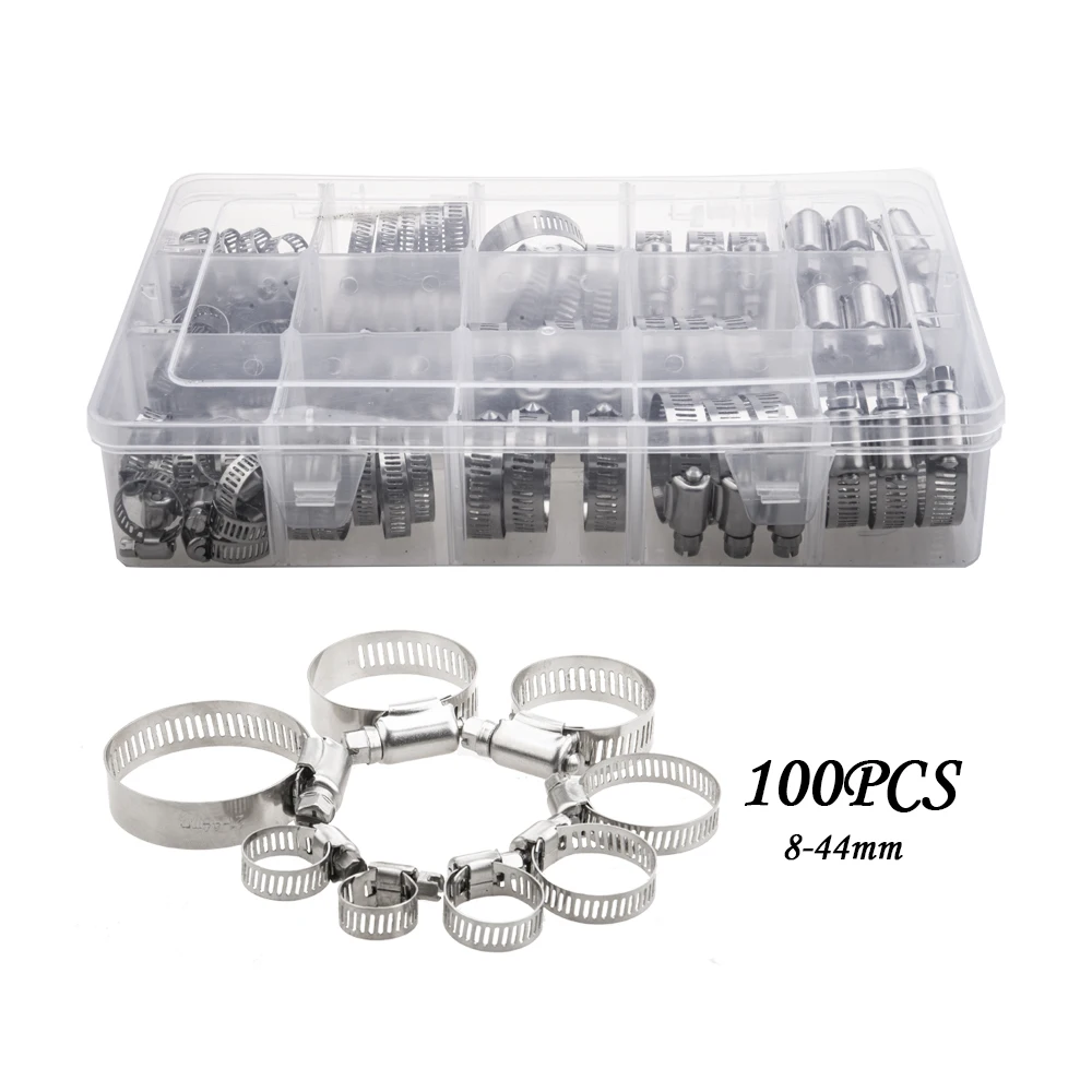 100PCS 8-44MM 304 Stainless Steel Pipe Hose Clamps Stainless Steel Hoop Clamp Automotive Car Fuel Pipe Tube Clip Hardware Spring