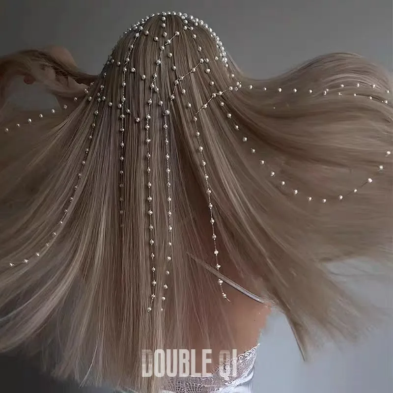 European and American imitation pearl fringed headband design sense mesh fairy headgear dress versatile accessories