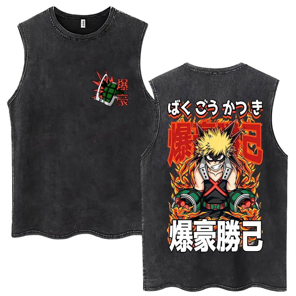 Washed My Hero Academia Katsuki Bakugo Tank Tops Men Women Fashion Popular Vests Oversized 100% Cotton Summer Sleeveless T-Shirt
