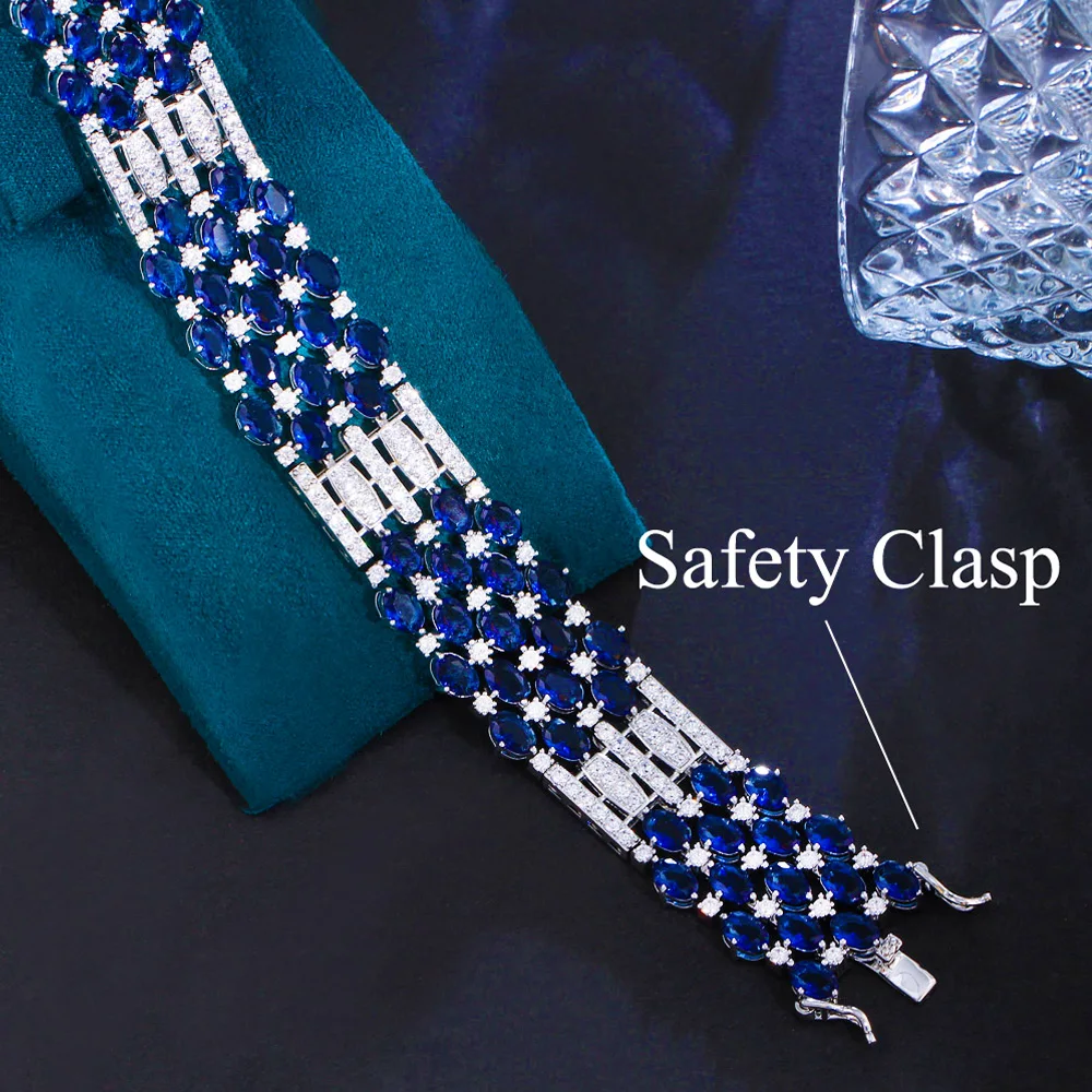 Pera Unique Bamboo Raft Design Royal Blue Oval Cubic Zirconia Big Wide Bracelets Bangle for Women Costume Jewelry Accessory B242