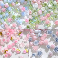 40Pcs/Bag Rose Flower Nail Charms Valentines Decoration Mixed Pearl Beads Rhinestone Nails Accessories Supplies Luxury Parts