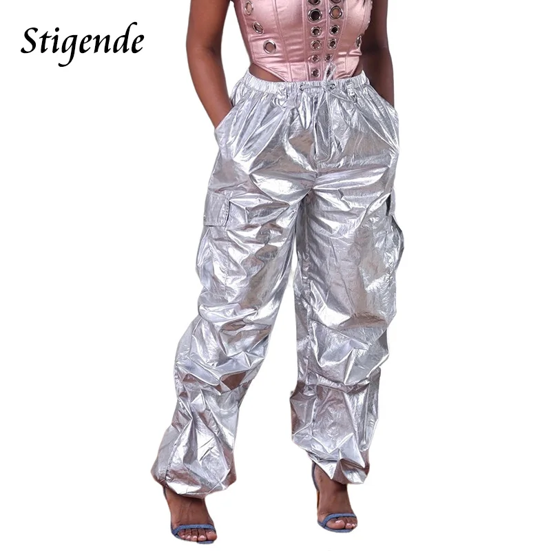 

Women Drawstring Pocket Baggy Trousers Joggers Shiny Wide Leg Loose Ruched Cargo Pants Bandage Glitter Hip Hop Pants Streetwear