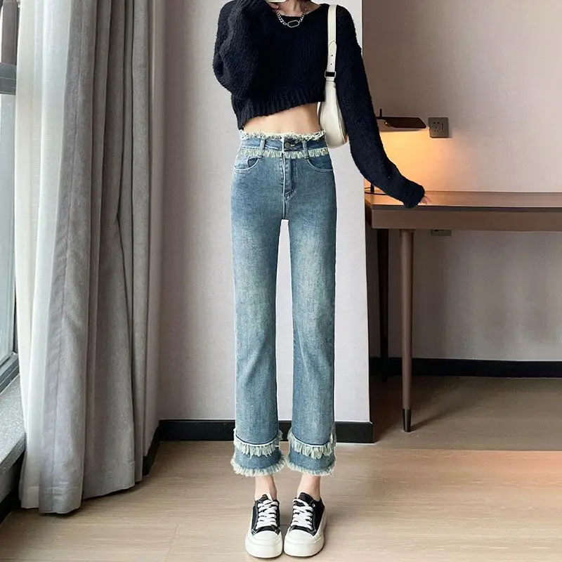 Women's 2026 New High Waist Straight Leg Jeans Thin Stretchy Denim Pants With Frayed Hem Casual Loose Fashion Trouser