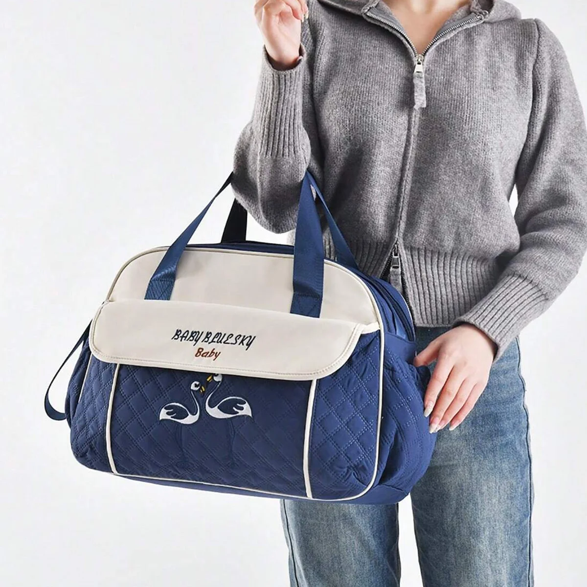 Fashionable and multifunctional one shoulder mommy bag, sewing embroidery, large capacity crossbody hand-held diaper bag