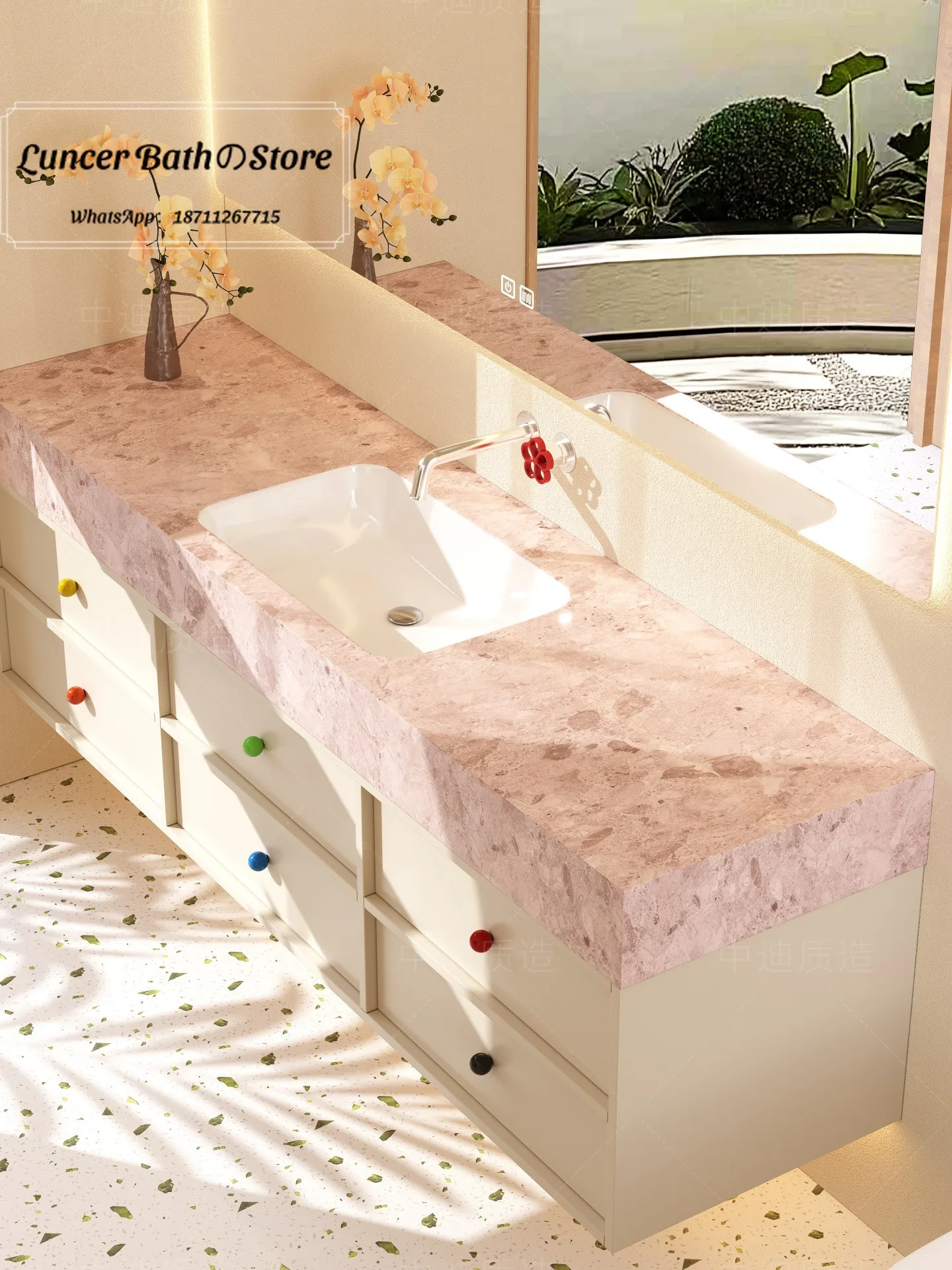 Monet Garden Dopamine Bathroom Vanity, Pink Sintered Stone Seamless Integrated Basin Washstand Cabinet Combo