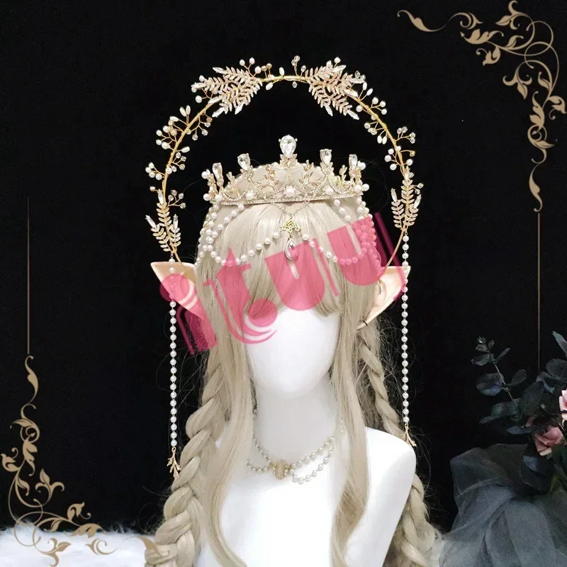 Sun Godmother's Crown Tiaras Headpiece Lolita KC Gold HaloแถบคาดศีรษะVirgin Mary Gothic Headwear Fairyเทพธิดาอุปกรณ์เสริมผม