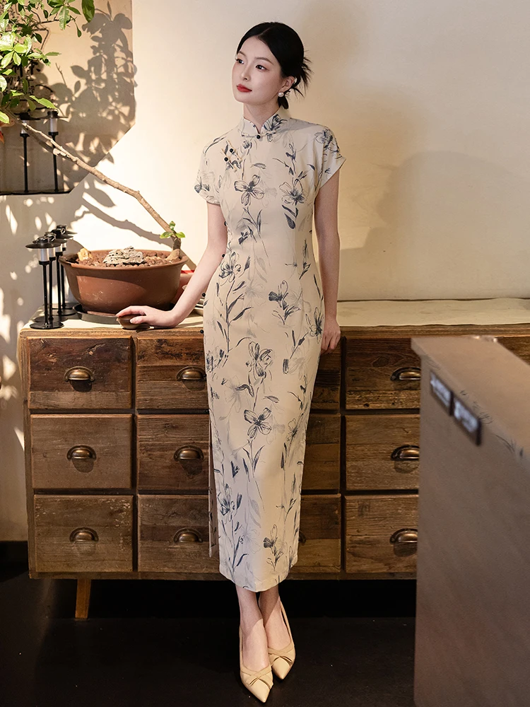 

Young Women's Long Full Slit Retro Style Daily Wear Polyester Blend Short Sleeve Maxi Dress Chinese National Style