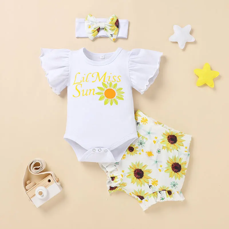 0-12M Baby Girl\'s Alphabet Print Flying Sleeve Clothes with Sunflower Bee Blueberry Shorts Three-piece Suit for Summer Wear