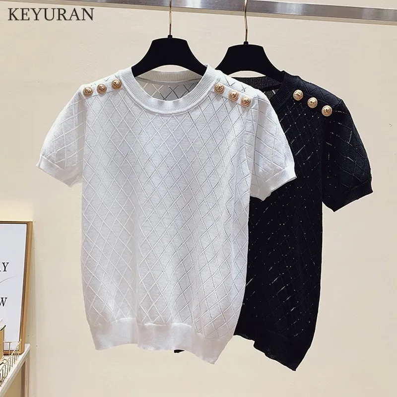 2024 Summer Hollow Short Sleeve Knitted Sweater Women Pullovers Korean O Neck Ice Silk Button Solid Knitwear Tops Femme Jumper