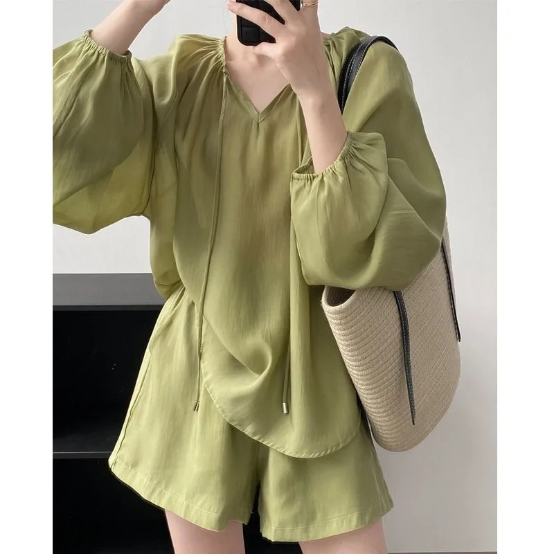 Tencel Set Female Summertime Thin Long Sleeve Sunscreen Shirt High-waisted, Wide-legged Shorts Leisure Sports Two-piece Set