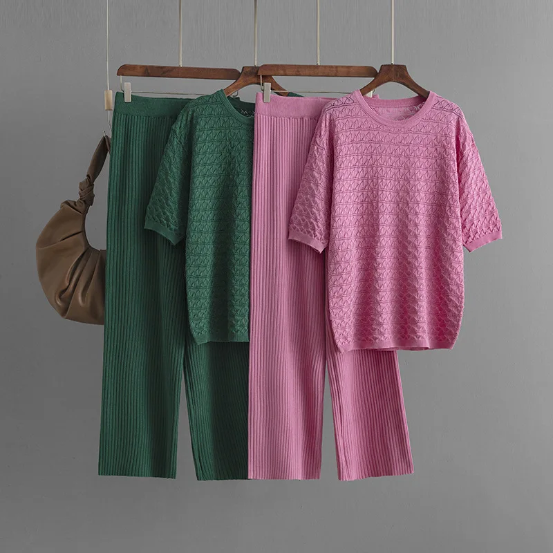 

Women Sweater Pant Set Casual Pullovers Suits New Summer Knitted Short Sleeve Elegance OL Tops Elastic Sweaterpants A412
