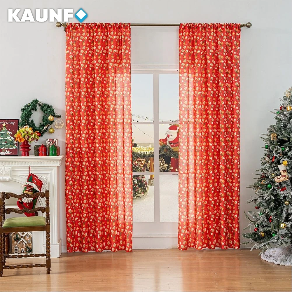 1PC Christmas Curtains for Living Room Red Translucent Curtains Christmas Tree Gift Box Printed Window Drapes Xmas Theme Decor