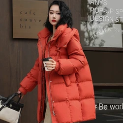 Mid-length Hooded Down Jackets with Pockets for Women, Casual Parka, Windproof, Thickened Warm Loose Coats Korean Fashion Winter