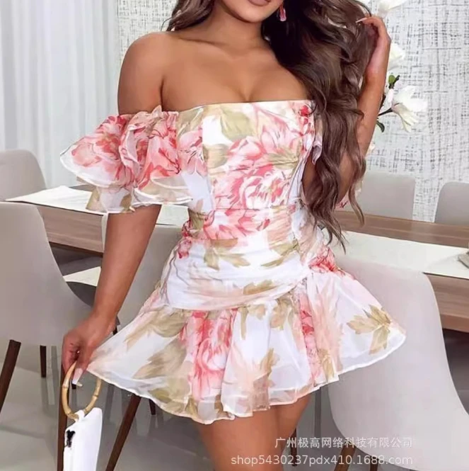 

Women's Summer Dress Fashion Casual Versatile Bra White Flower One Shoulder Petal Sleeve Ruffle Layer Pleated Dress