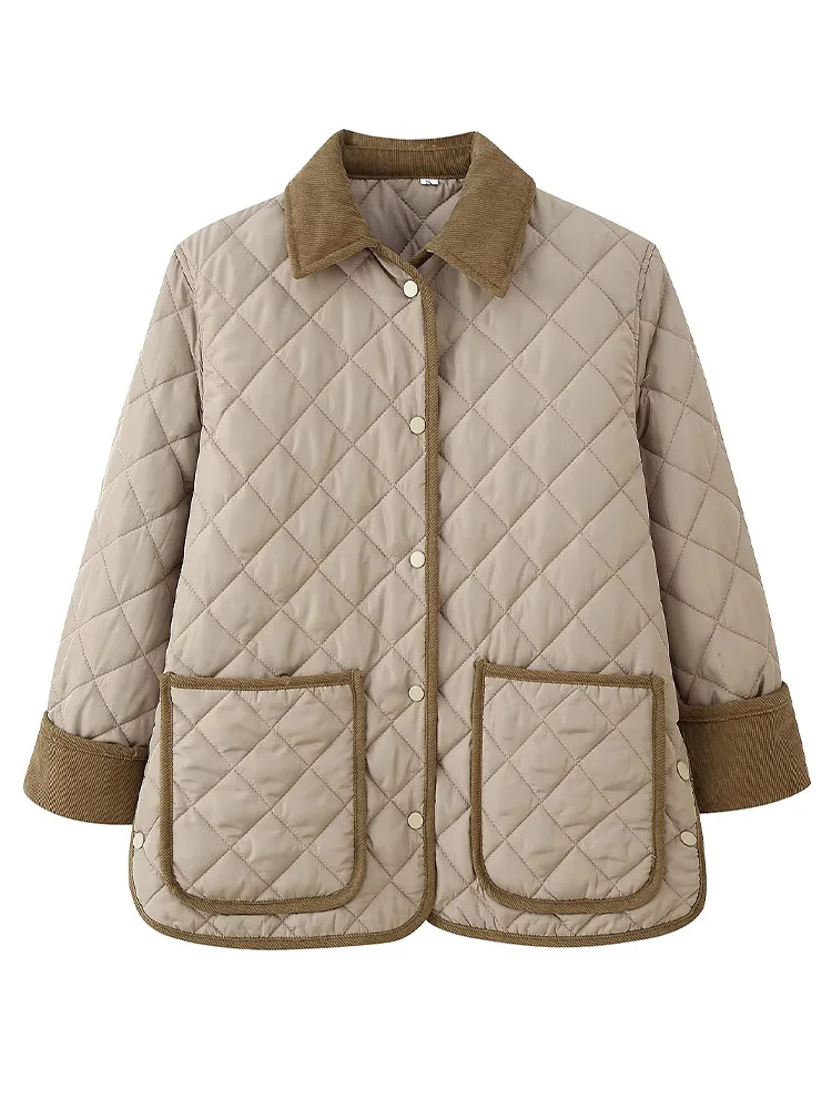 HH امرأة بدوره إلى أسفل طوق شارع العليا خارج Argyle معطف المرأة الشتاء جيوب فضفاضة تزيين طويلة الأكمام معطف واحد الصدر