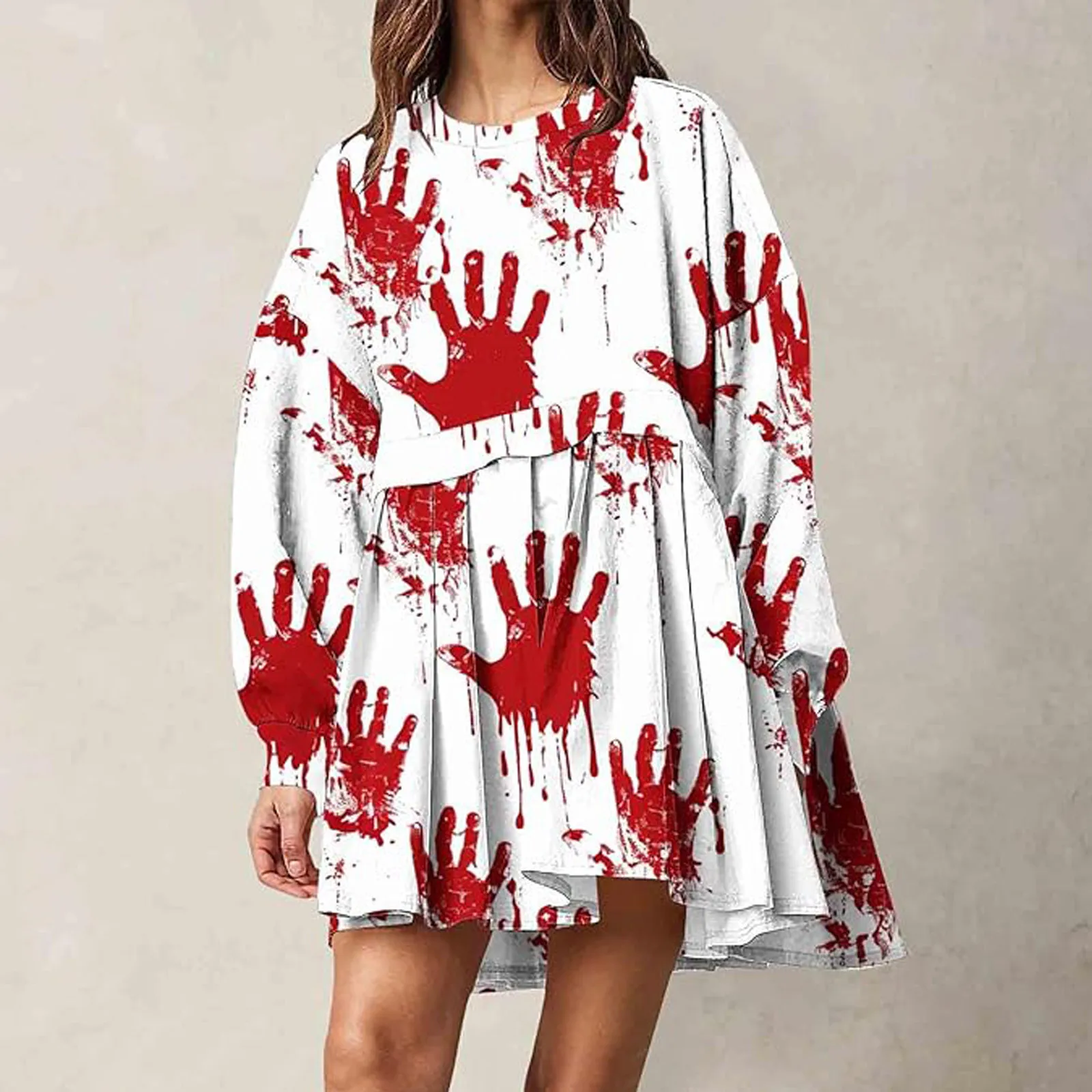 

Women Halloween Bloody Handprint Casual Plus Size Loose Round Neck Long Sleeved Hooded Hoodie Top Irregular Pleated Skirt