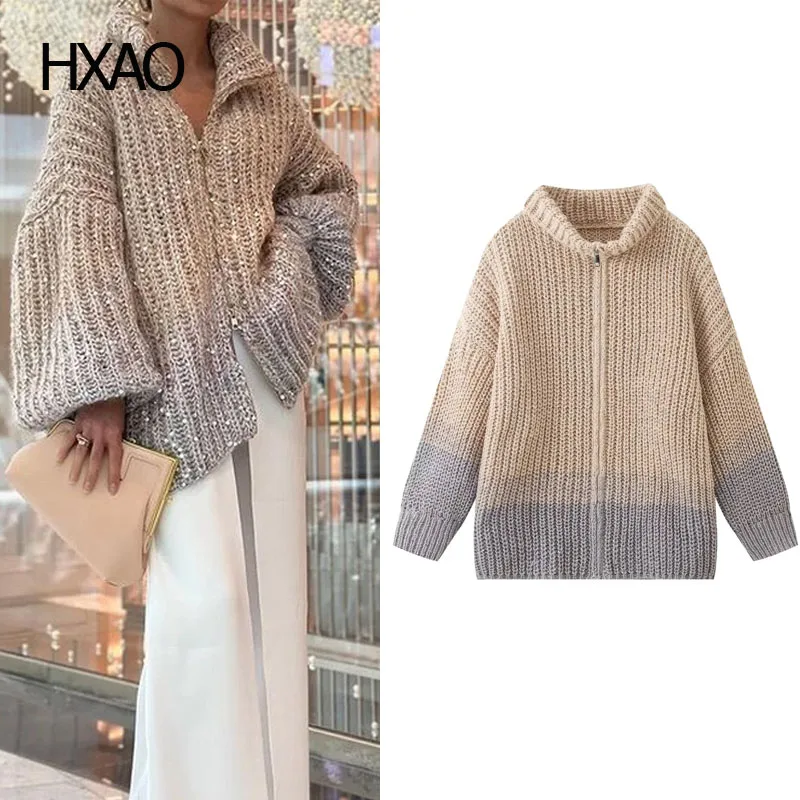 

HXAO Sequined Cardigan Women Long Sleeve Contrast Color V Neck Knitted Sweater Female Fashion Knit Cashmere Glitter Top