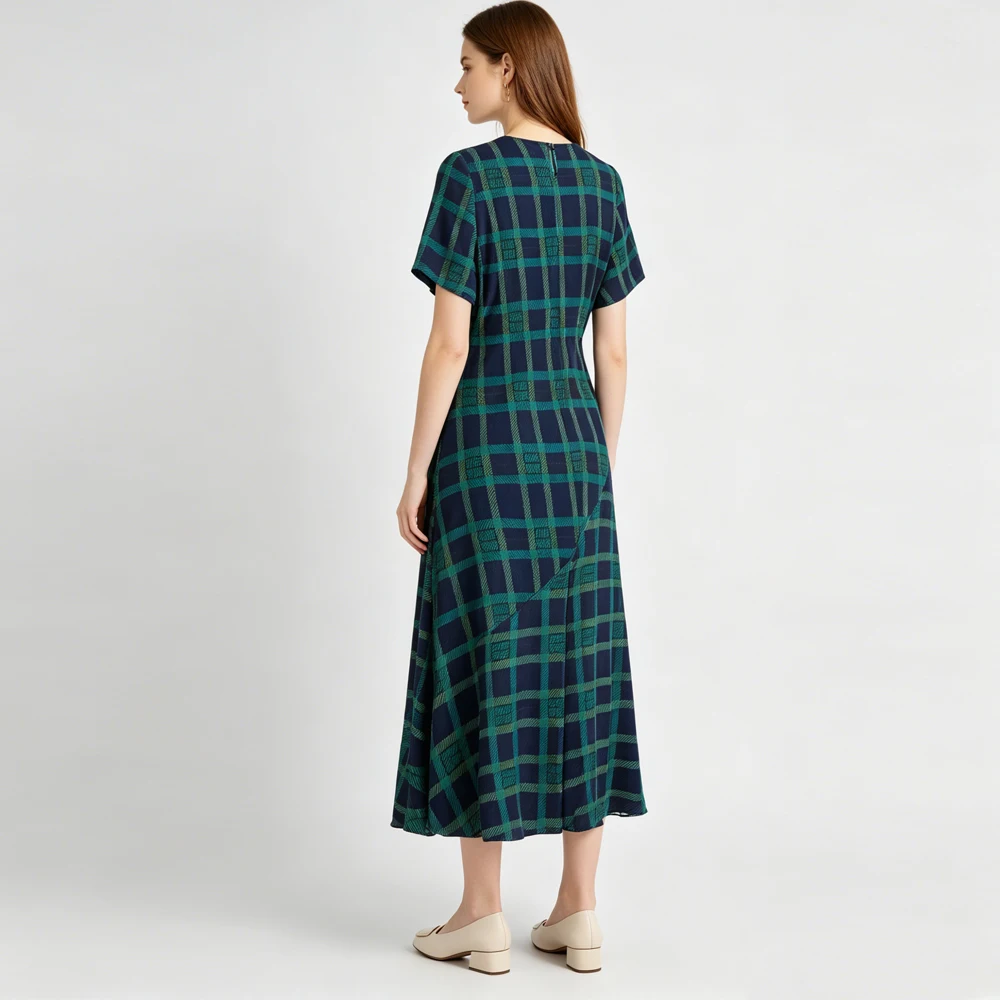 Women's Casual Summer New Slant cut 1.25m Long 100% Natural Mulberry Silk Double Crepe Round Neck Short Sleeved Fishtail Dress