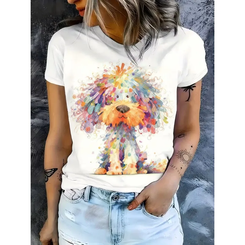 Watercolor Rainbow Dog Graphic T-Shirt Women’s Casual Crew Neck Short Sleeve Cute Colorful Artistic Puppy Print Top for Daily
