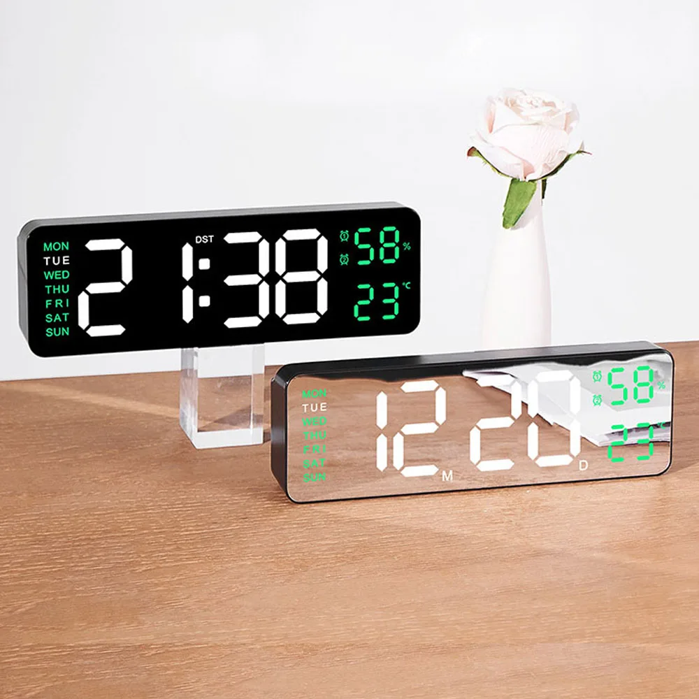 Digital LED Alarm Clock with Calendar,Temperature and Humidity. Acrylic or Mirror Surface Selectable. Desk Clock or Wall Hanging