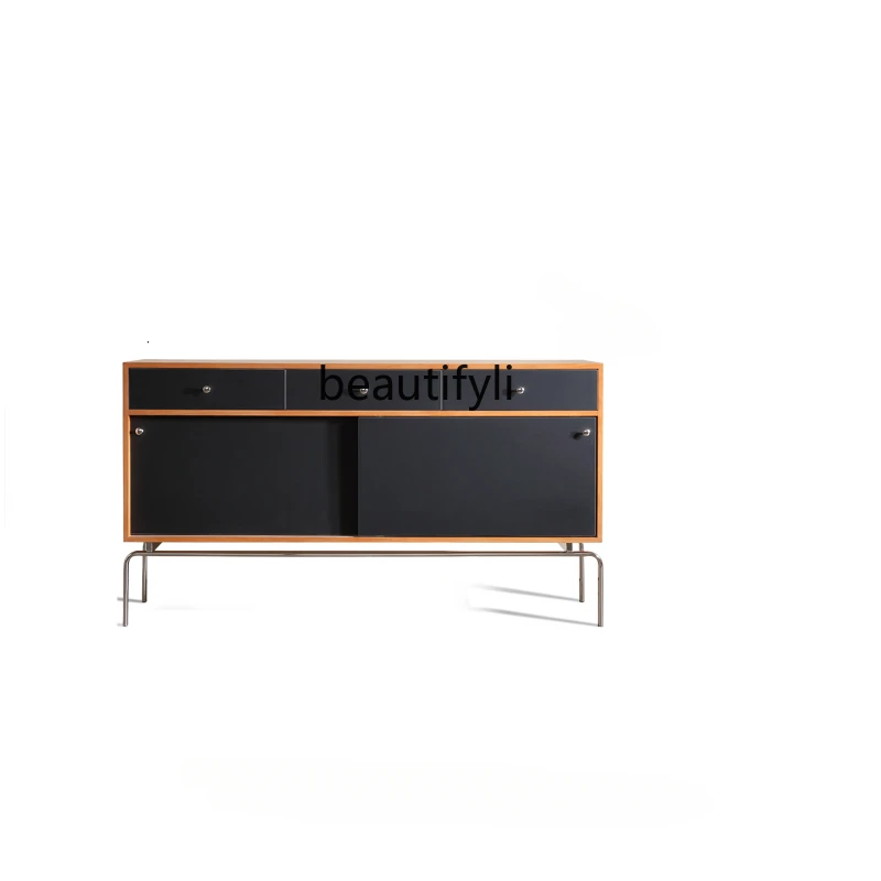 Retro Solid Wood Integrated Wall Sideboard Cabinet Saddle Leather Sliding Door Locker Stainless Steel Living Room Side Cabinet