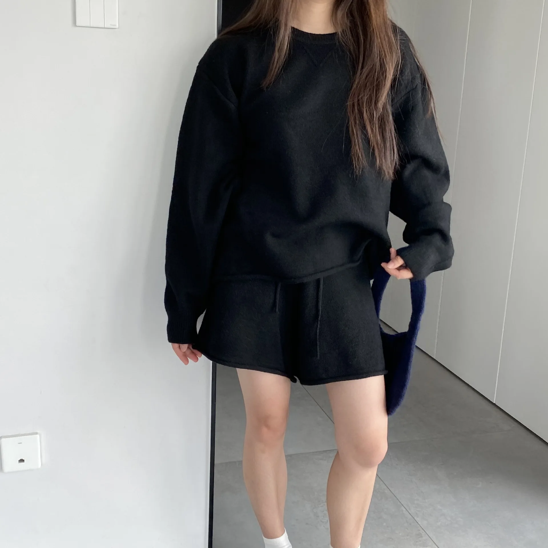 Solid Color Simple Shorts + Pullover Sweater Women Suit Loose Knitting Top And Drawstring Shorts Set Fall Winter Female Outfits