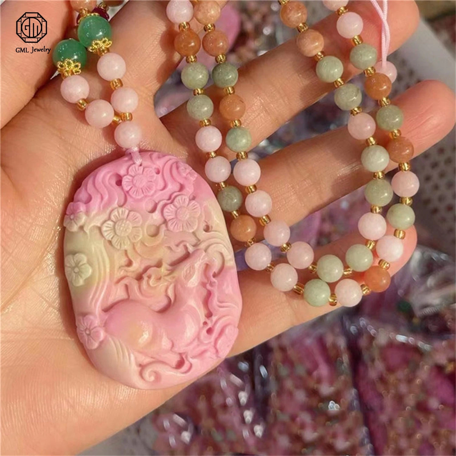 Man Made Agate Nine Tail Fox Pendant Flower Blooming Wealth Pattern Luck Charm Jewelry For Women Collarbone Chain Necklace