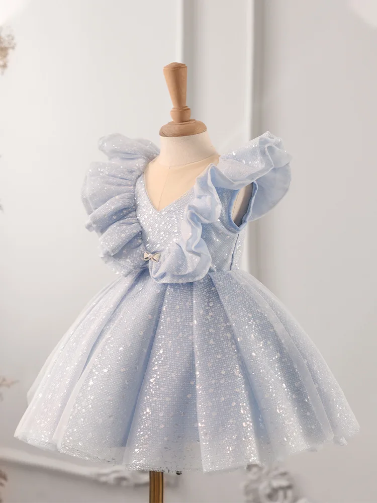 Baby Girl Dress 2024 luxury Princess Shining blue Children Bow tutu Wedding Gown Kids Dresses baby infant Birthday Party Dress