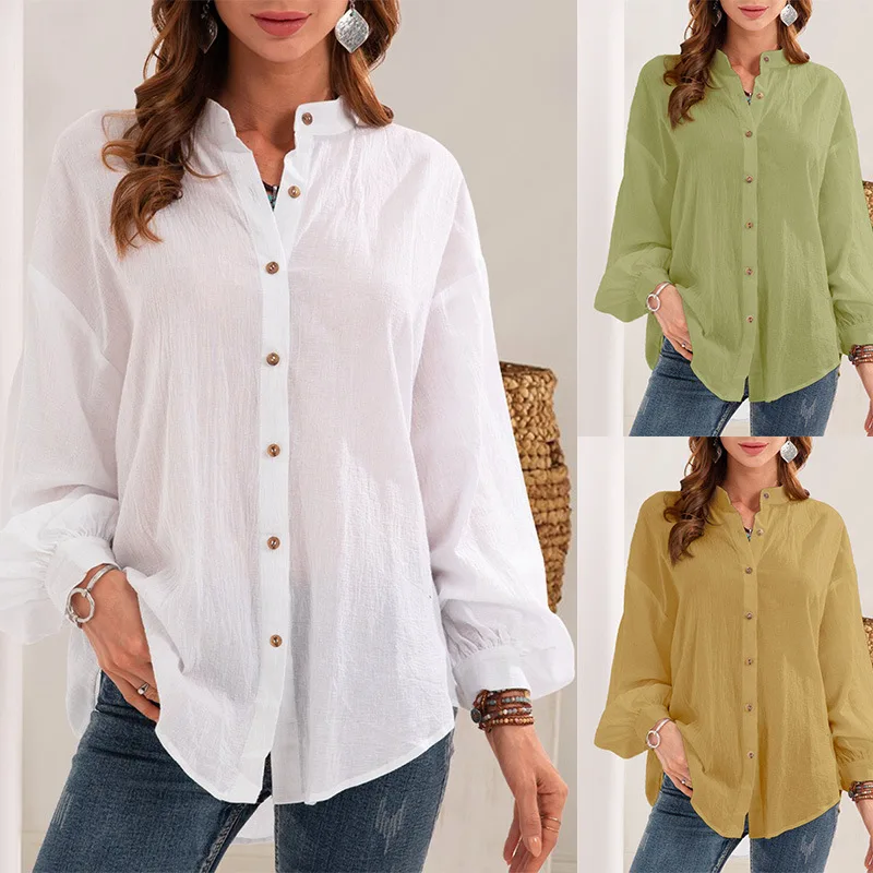 Solid Color Long Sleeved Cotton Linen Shirt  Cardigan Women's Button V Neck Office Lady Autumn/spring Blouse Green Yellow Top