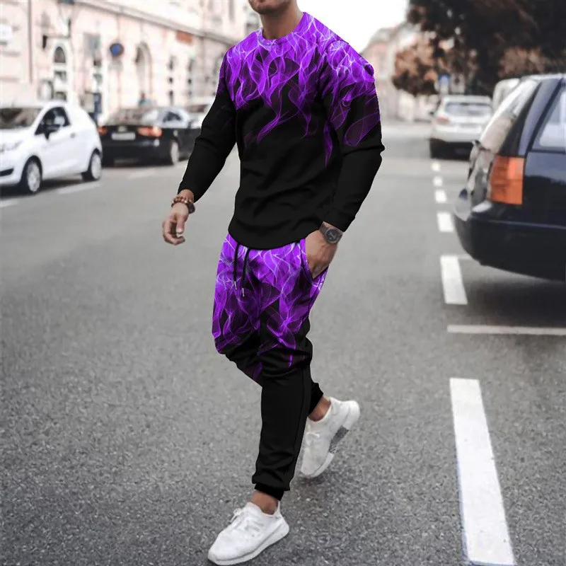 Men's T-Shirts Sets Red Flame Graphic 3D Print Long Sleeve T shirt Pants Suits Fashion Streetwear Mens Tracksuit Jogger Outfits