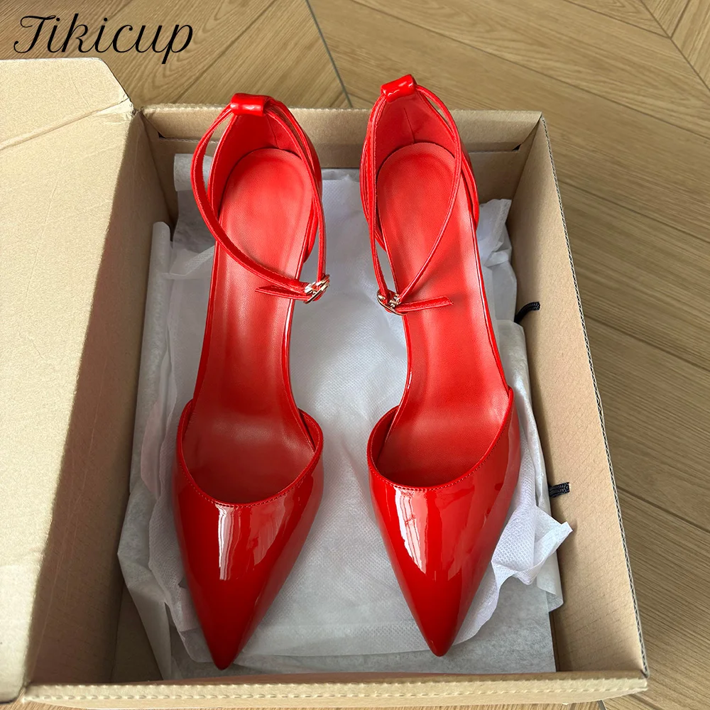 

Индивидуальные туфли-лодочки на шпильке с красным лакированным ремешком на щиколотке 10 см 12 см, женские пикантные летние туфли на высоком каблуке с острым носком