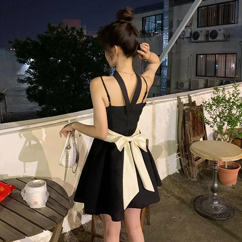 Black Camis Dresses Summer Korean Fashion Patchwork Solid Color Sling Mini Dress 2024 New Sweet Ruffles Slim Sexy Dress Femme