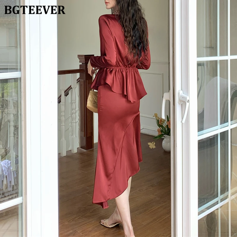 BGTEEVER Stylish Spring Female 2 Pieces Satin Skirt Set O-neck Long Sleeve Slim Waist Blouses & High Waist Package Hip Skirts