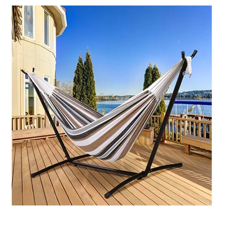 Yard Hammock 2-Person Brazilian-Style Cotton Double  Bed w/Carrying Bag, Steel Stand, Desert Stripes