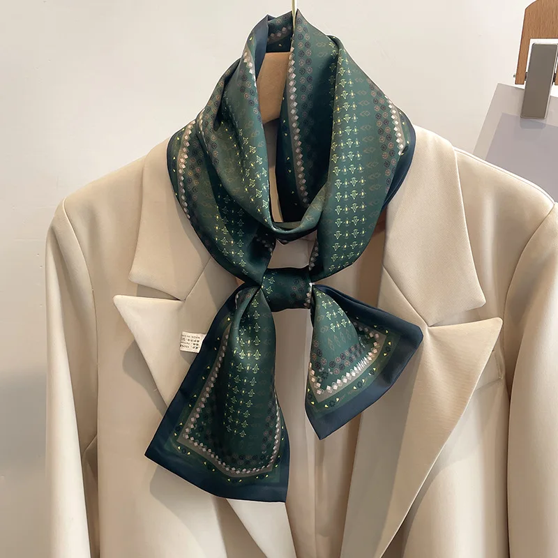 Green small silk scarf for women Korean small scarf long spring autumn summer thin style fashionable shirt thin and narrow strip