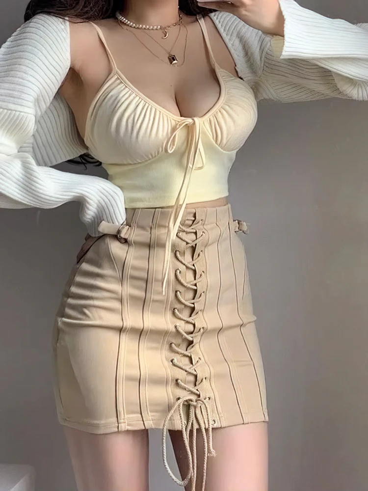 Sexy Beige Basic Bra Tops Woman Off Shoulder Tank Top With Thin Strap 100% Cotton Bustier Lingerie Cute Front Bow Tied Camis image 5