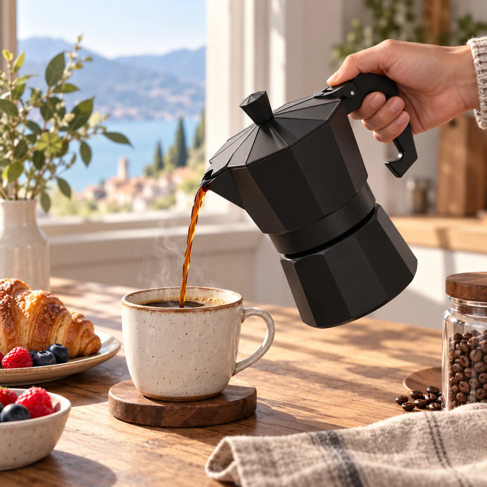 Cafetera Italiana de Aluminio en Color Negro para Espresso Tradicional, Moka Pot Clásica con Mango Ergonómico para Cocina y Camping, Disponible en Tamaños de 15.5 cm y 19 cm