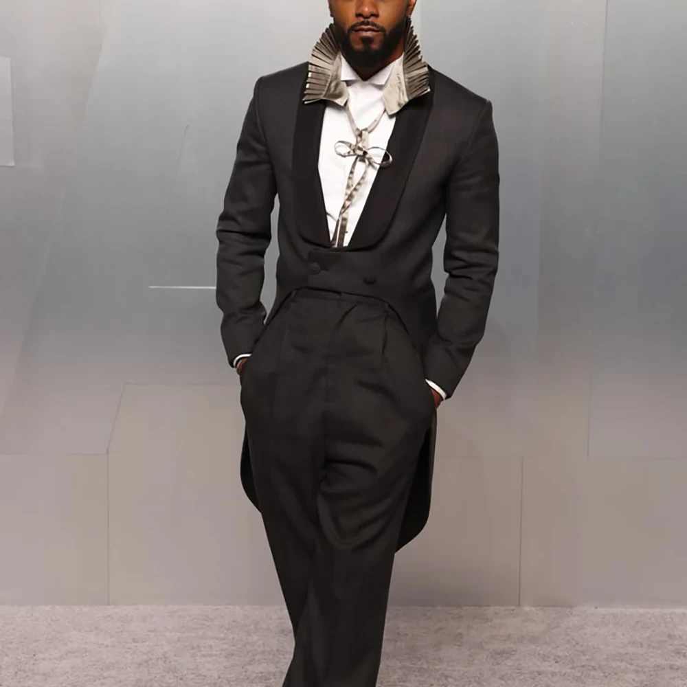 Luxury Men's Dark Gray Tail Tuxedo Suit with Black Satin Shawl Lapel Formal Evening Party Wedding 2 Piece Jacket Pants Set