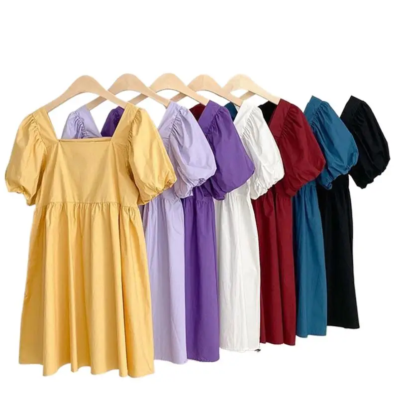 

Women Summer Cute Mini Dress Simple Cotton Linen Fashion Dress Square Collar Puff Sleeves Dress Plus Size Beach Party Vestidos