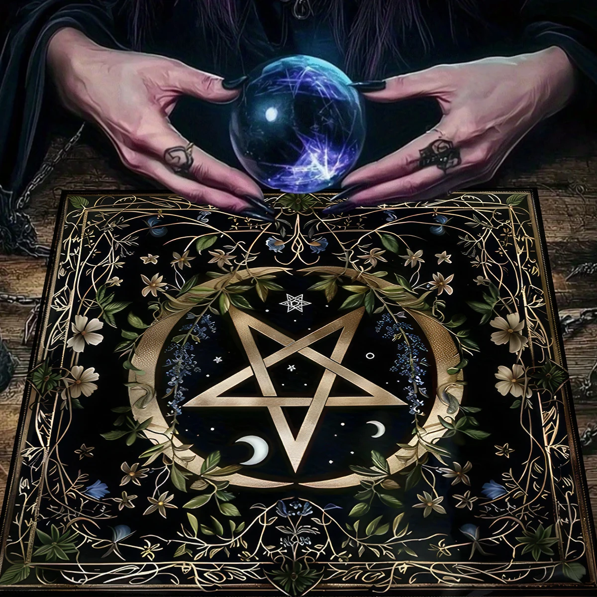 Pentagram Flowers & Plants Tarot Card Tablecloth Polyester Moon Tree of Life Altar Cloth Pagan Starry sky Divination Home Decor