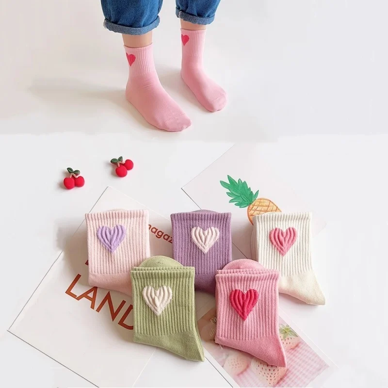 5Pairs/set Children's Socks For Girls Spring Autumn Big Love Print Kids Girls Student Sport Socks Fashion Teenage Child Sock New