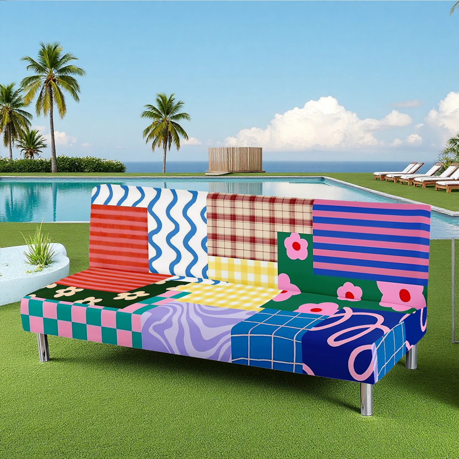 Color - Blocking Pattern Summer Outdoor Sofa Bed Cover, Elastic Milk Silk Sofa Slipcover, Pet - Friendly,